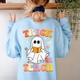 Retro Vintage Groovy Trick Or Teach Teacher Halloween For Men Women Kids Women's Sweatshirt Back Print Light Blue