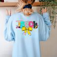 Teach Coquette Bow Teacher Back To School Happy First Day Women's Sweatshirt Back Print Light Blue Teach Coquette Bow Teacher Back To School Happy First Day Women's Sweatshirt Back Print Light Blue