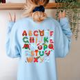 Teacher Christmas Alphabet Back To School Holiday Learning Women's Sweatshirt Back Print Light Blue Teacher Christmas Alphabet Back To School Holiday Learning Women's Sweatshirt Back Print Light Blue