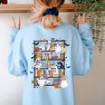 Teacher Library Ghost Reading Book Halloween Cat Women's Sweatshirt Back Print Light Blue Teacher Library Ghost Reading Book Halloween Cat Women's Sweatshirt Back Print Light Blue