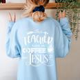 This Teacher Runs On Coffee And Jesus T Shirt Christian Tees Women's Sweatshirt Back Print Light Blue This Teacher Runs On Coffee And Jesus T Shirt Christian Tees Women's Sweatshirt Back Print Light Blue