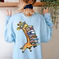 Teacher Shirt Giraffe Holding Books Bookworm Librarian Women's Sweatshirt Back Print Light Blue