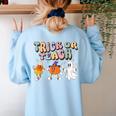 Trick Or Teach Candy Corn Pumpkin Ghost Teacher Women's Sweatshirt Back Print Light Blue