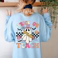 Trick Or Teach Groovy Teacher Halloween Retro Floral Ghost Women's Sweatshirt Back Print Light Blue