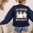 1st Grade Boo Crew Groovy Halloween Floral Ghost Kid Teacher Women's Sweatshirt Back Print Navy