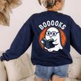 Cute Ghost Book Reading Books Lover Retro Halloween Teacher Women's Sweatshirt Back Print Navy