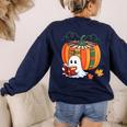 Fall Book Pumpkin Books Ghost Reading Halloween Teacher Women's Sweatshirt Back Print Navy