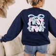 First Grade Coquette Bow Girls Teacher Team 1st Grade Squad Women's Sweatshirt Back Print Navy First Grade Coquette Bow Girls Teacher Team 1st Grade Squad Women's Sweatshirt Back Print Navy
