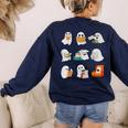 Ghost Reading Teacher Halloween Librarian Book Lover School Women's Sweatshirt Back Print Navy