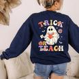 Groovy Halloween Trick Or Teach Retro Floral Ghost Teacher Women's Sweatshirt Back Print Navy Groovy Halloween Trick Or Teach Retro Floral Ghost Teacher Women's Sweatshirt Back Print Navy