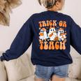 Groovy Teacher Halloween Trick Or Teach Ghost Men Women Kids Women's Sweatshirt Back Print Navy Groovy Teacher Halloween Trick Or Teach Ghost Men Women Kids Women's Sweatshirt Back Print Navy