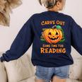 Halloween Teacher Librarian Pumpkin Reading Books Men Women Kids Women's Sweatshirt Back Print Navy