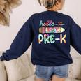 Hello Pre-K Pencil Teacher Student Tie Dye Women's Sweatshirt Back Print Navy Hello Pre-K Pencil Teacher Student Tie Dye Women's Sweatshirt Back Print Navy