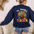 One Thankful Teacher Thanksgiving Turkey Cute Crayon Pencil Women's Sweatshirt Back Print Navy