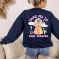 Take Me To Your Readers Alien Teacher Halloween Literacy Women's Sweatshirt Back Print Navy