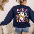 Retro Floral Ghost Trick Or Teach Groovy Teacher Halloween Women's Sweatshirt Back Print Navy Retro Floral Ghost Trick Or Teach Groovy Teacher Halloween Women's Sweatshirt Back Print Navy