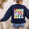Soul Bleach Teacher Staff First Day Of School Last Hugs & High Fives Lunch Lady Vibes Blue Classic Fit Women's Sweatshirt Back Print Navy