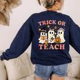 Teacher Halloween Trick Or Teach Cute Ghost Coffee Pumpkins Women's Sweatshirt Back Print Navy Teacher Halloween Trick Or Teach Cute Ghost Coffee Pumpkins Women's Sweatshirt Back Print Navy