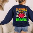 Teacher Teachers Love Brains Skeleton Hand Heart Halloween Women's Sweatshirt Back Print Navy