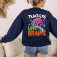 Teachers Love Brains Halloween 2025 Skeleton Costume Women's Sweatshirt Back Print Navy Teachers Love Brains Halloween 2025 Skeleton Costume Women's Sweatshirt Back Print Navy