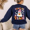 Trick Or Teach Cute Floral Ghost Teacher Halloween Costume Women's Sweatshirt Back Print Navy Trick Or Teach Cute Floral Ghost Teacher Halloween Costume Women's Sweatshirt Back Print Navy