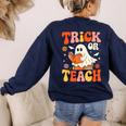 Trick Or Teach Halloween Shirt For Teacher Kids Floral Ghost Women's Sweatshirt Back Print Navy Trick Or Teach Halloween Shirt For Teacher Kids Floral Ghost Women's Sweatshirt Back Print Navy