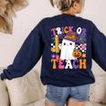 Trick Or Teach Teacher Pencil Ghost Halloween Teacher Women's Sweatshirt Back Print Navy Trick Or Teach Teacher Pencil Ghost Halloween Teacher Women's Sweatshirt Back Print Navy