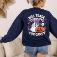 Will Trade Students For Candy Halloween Teacher Women's Sweatshirt Back Print Navy
