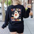 Groovy Halloween Trick Or Teach Retro Floral Ghost Teacher Women's Sweatshirt Back Print Black Groovy Halloween Trick Or Teach Retro Floral Ghost Teacher Women's Sweatshirt Back Print Black