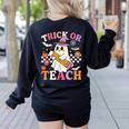 Retro Floral Ghost Trick Or Teach Groovy Teacher Halloween Women's Sweatshirt Back Print Black Retro Floral Ghost Trick Or Teach Groovy Teacher Halloween Women's Sweatshirt Back Print Black