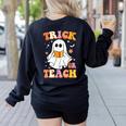 Retro Vintage Groovy Trick Or Teach Teacher Halloween For Men Women Kids Women's Sweatshirt Back Print Black