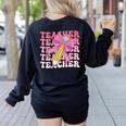 Teacher Pencil Back To School Groovy Pink Teacher First Day Women's Sweatshirt Back Print Black