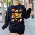 Thanksgiving One Thankful Art Teacher Fall Groovy Men Women Women's Sweatshirt Back Print Black
