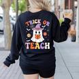 Trick Or Teach Teacher Groovy Ghost Halloween Teacher Women's Sweatshirt Back Print Black Trick Or Teach Teacher Groovy Ghost Halloween Teacher Women's Sweatshirt Back Print Black