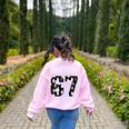 Haunted By 6 7 67 Six Seven Halloween Teacher Mom Women's Sweatshirt Back Print Light Pink