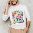 Soul Bleach Teacher Staff First Day Of School Last Hugs & High Fives Lunch Lady Vibes Blue Classic Fit Unisex Long Sleeve T-Shirt, funny gift Soul Bleach Teacher Staff First Day Of School Last Hugs & High Fives Lunch Lady Vibes Blue Classic Fit Unisex Long Sleeve T-Shirt, funny gift
