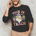 Trick Or Teach Groovy Teacher Halloween Retro Teacher Ghost Men's Long Sleeve T-Shirt, novelty gifts, funny gifts