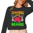 Teacher Teachers Love Brains Skeleton Hand Heart Halloween Women Long Sleeve T-Shirt, trending gift