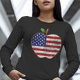 American Flag Teachers Students Apple 4th Of July Vintage Women Long Sleeve T-Shirt, funny gift