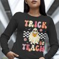 Groovy Teacher Halloween Retro Trick Or Teach Floral Ghost Women Long Sleeve T-Shirt, Groovy Teacher Shirts, funny gift