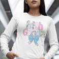 Preppy Fifth Grade Teacher Blue Floral Coquette Pencil Bow Women Long Sleeve T-Shirt, funny gift