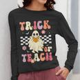 Groovy Teacher Halloween Retro Trick Or Teach Floral Ghost Women Long Sleeve T-Shirt, Groovy Teacher Gifts, funny design