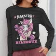 Pink Unicorn Spanish Teacher Regalos Para Bilingue Teacher Women Long Sleeve T-Shirt, funny design