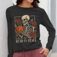 Read In Peace Skeleton Reading Book Halloween Teacher Women Long Sleeve T-Shirt, funny design