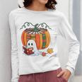 Fall Book Pumpkin Books Ghost Reading Halloween Teacher Women Long Sleeve T-Shirt, funny design