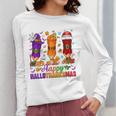 Happy Hallothanksmas Halloween Thanksgiving Pencils Teachers Women Long Sleeve T-Shirt, funny design