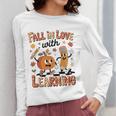 Retro Fall In Love With Learning Autumn Pumpkin Teacher Kids Women Long Sleeve T-Shirt, funny design