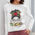Teacher Life Messy Bun Glasses Leopard Sunflower Women Long Sleeve T-Shirt, funny design