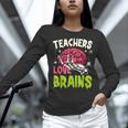 Teachers Love Brains Skeleton Halloween Teacher Funny Women Long Sleeve T-Shirt, gift for family, gift for coworker