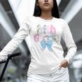 Preppy Fifth Grade Teacher Blue Floral Coquette Pencil Bow Women Long Sleeve T-Shirt, gift for family, gift for coworker
